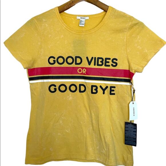 Forever 21 Yellow Good Vibes or Good Bye Graphic Special Wash T-shirt L - Picture 4 of 10